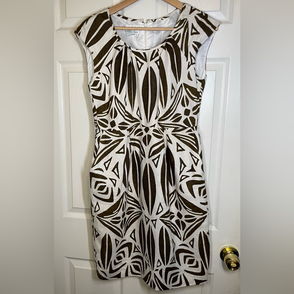 Donna Morgan Print Size 8 Linen Dress cream and brown